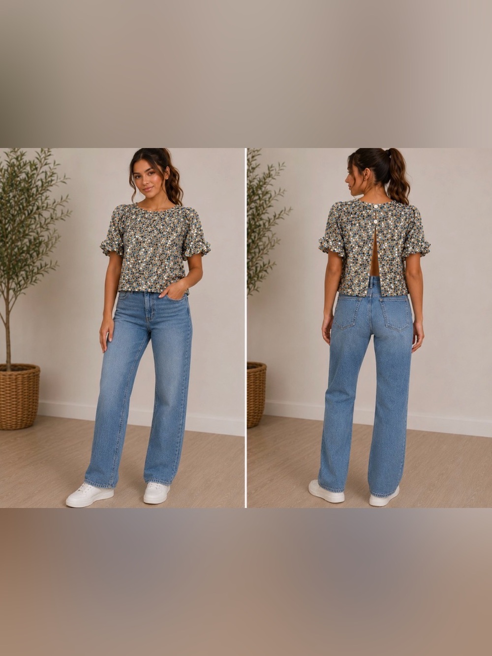 Forever 21 Sequin Mesh Top in Tan and Blue